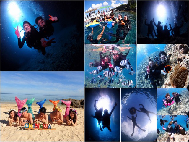 沖縄県　人気の海遊び　青の洞窟ダイビング＆シュノーケル、マーメイド体験　2017年7月14日のお客様